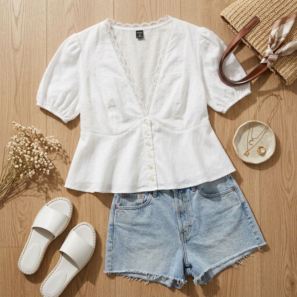 Shein Curve White Swiss Dot Peplum Top 1XL Lace Trim Cottagecore